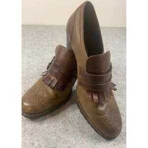 Born Kiltie Fringe Monk Strap Olive/Brown Double Mary Jane Block Heel Shoes 7.5